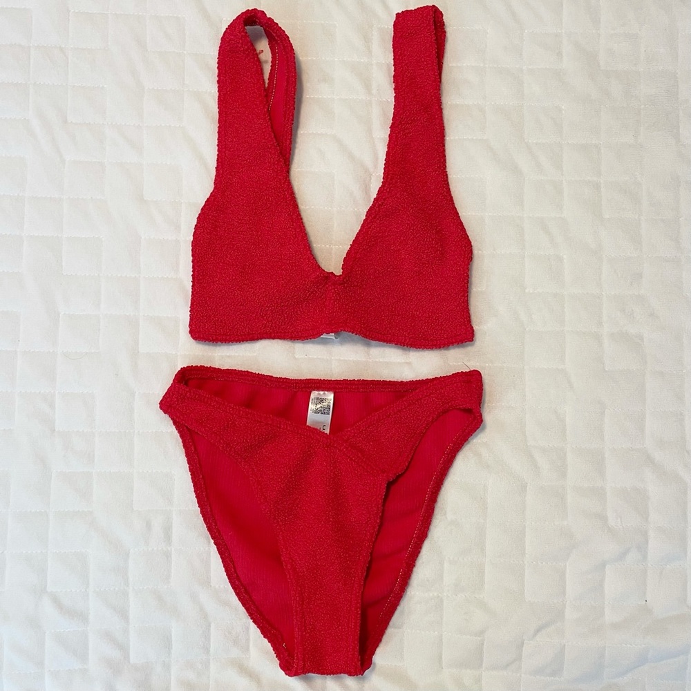 ASOS crinkle crop bikini top & bottom in red (one size)